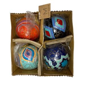 Matr Boomie Ornaments Set of 4 Hand Painted Made in India Colorful